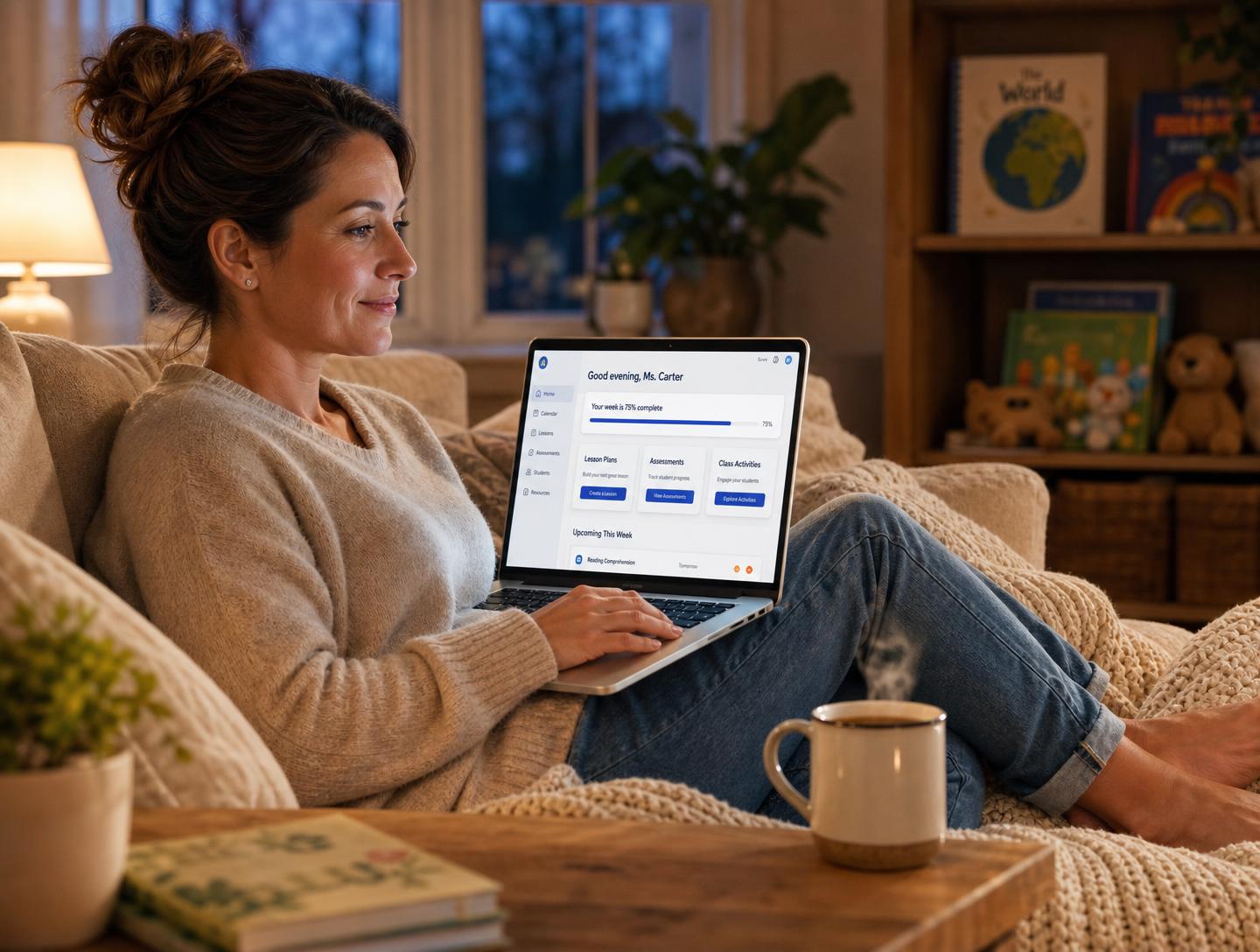 A teacher relaxing at home in the evening, laptop open to her Chaklin dashboard, tea beside her
